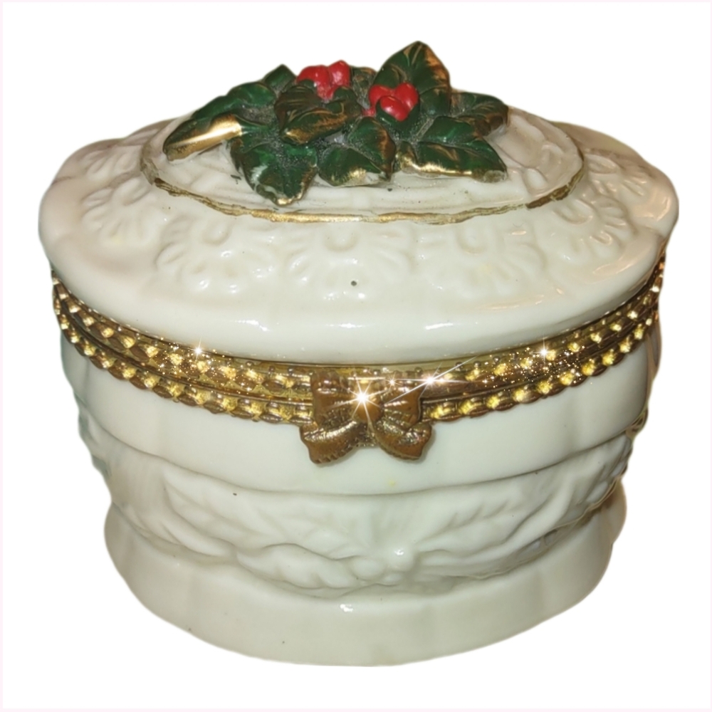 Vintage Glazed Porcelain Christmas Trinket Container